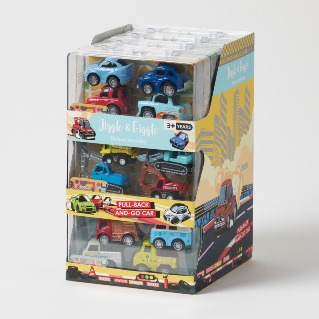 JIGGLE AND GIGGLE VELOCE VEHICLES PULLBACK TOY CARS (SET OF 4)
