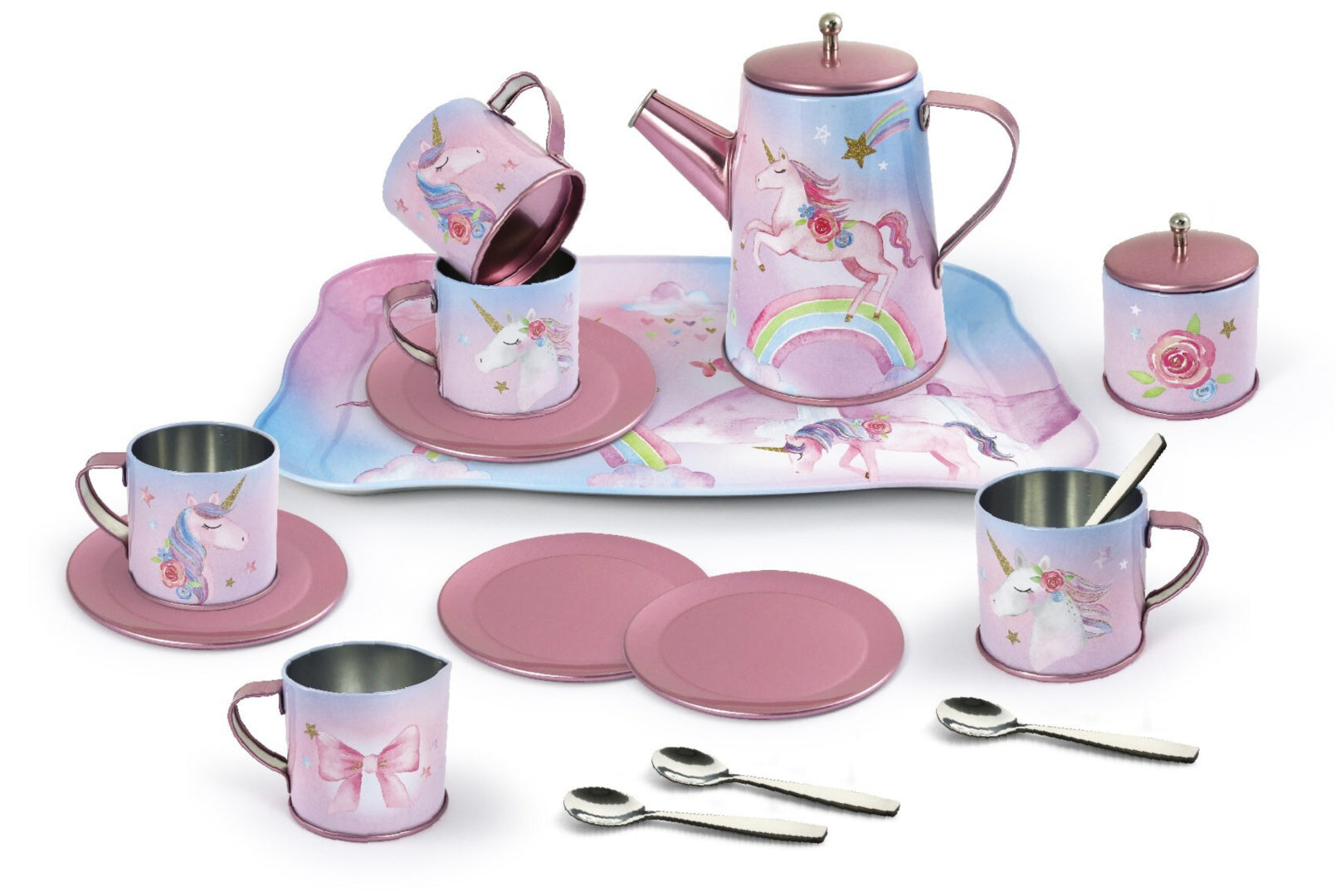 KAPER KIDZ RAINBOW UNICORN TIN TEA MUG SET IN SUITCASE 18PCS