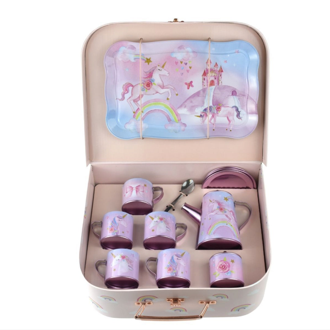 KAPER KIDZ RAINBOW UNICORN TIN TEA MUG SET IN SUITCASE 18PCS