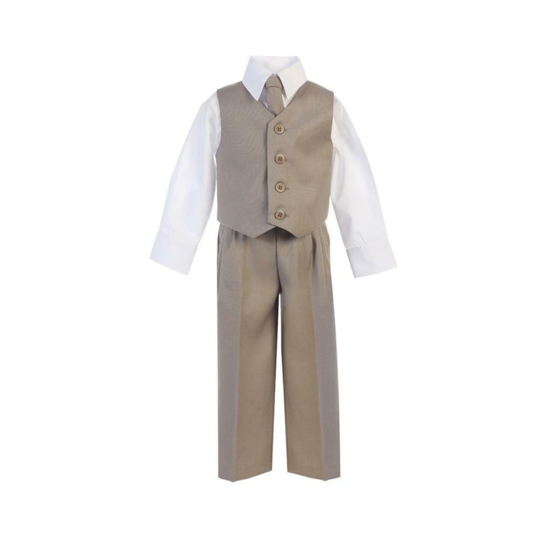 EXECUKIDS 4 PCE BOYS FORMAL VEST, PANTS, SHIRT &amp; TIE SET - TAN (PRE-ORDER)