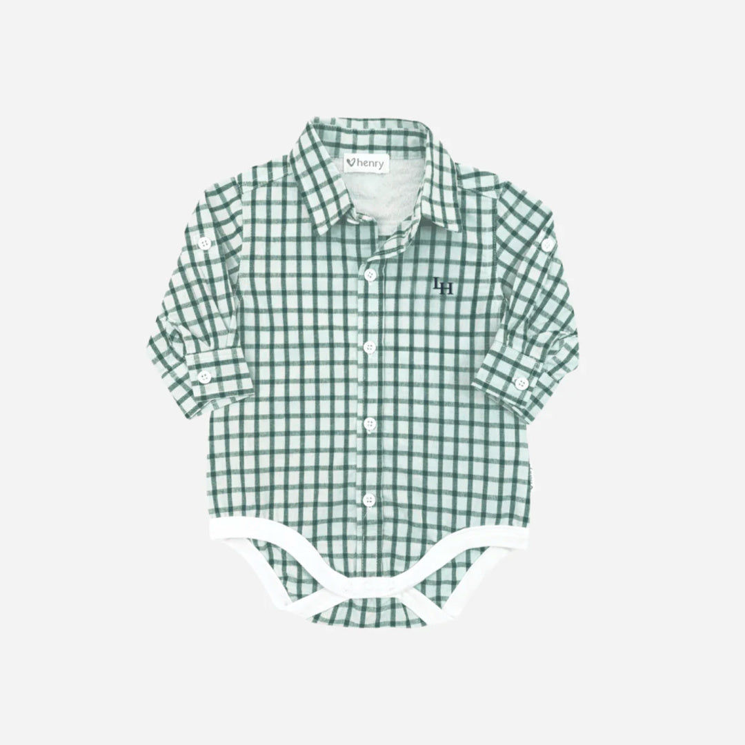 LOVE HENRY BABY BOYS OXFORD SHIRT ROMPER - GREEN CHECK