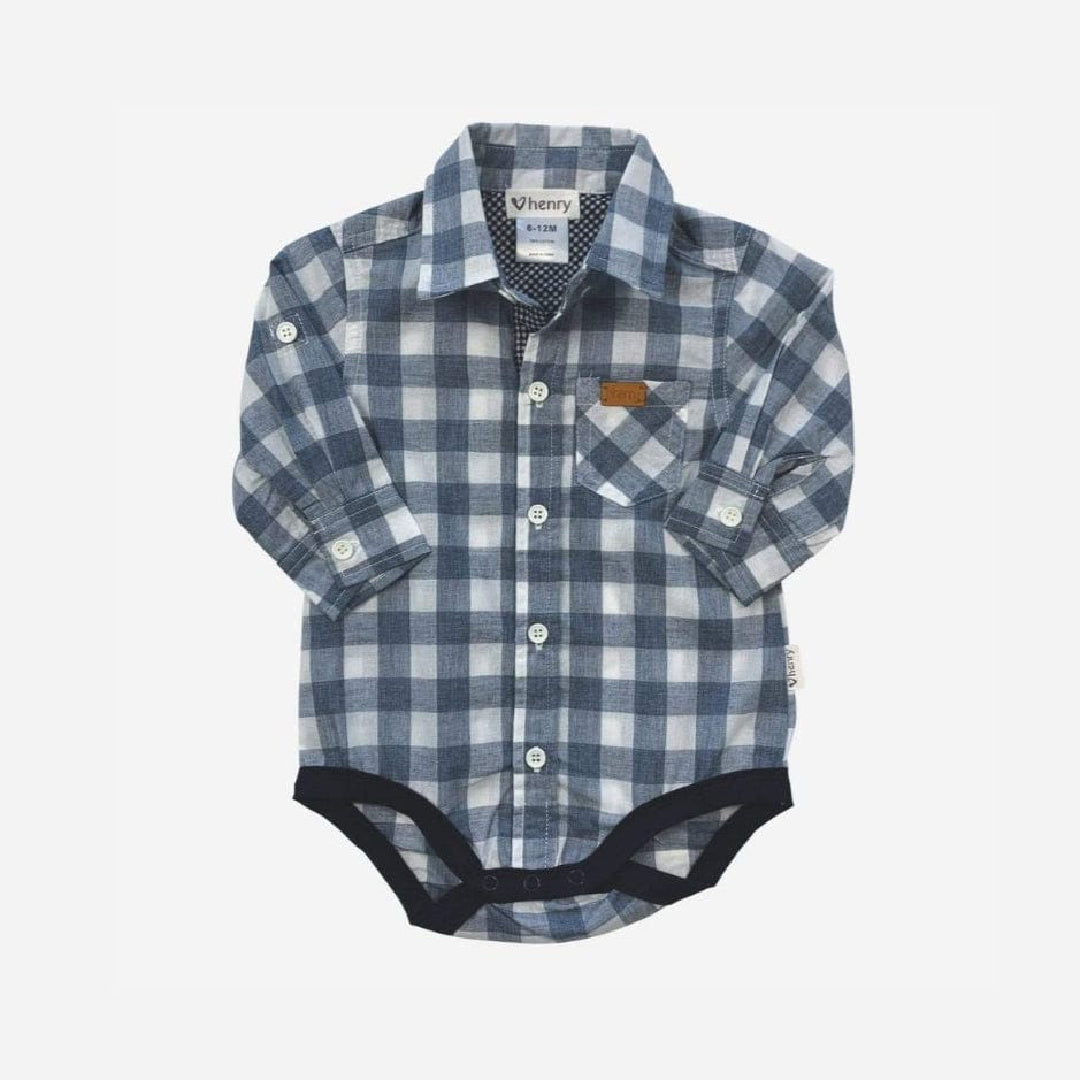 LOVE HENRY BABY BOYS DRESS SHIRT ROMPER - LARGE BLUE CHECK