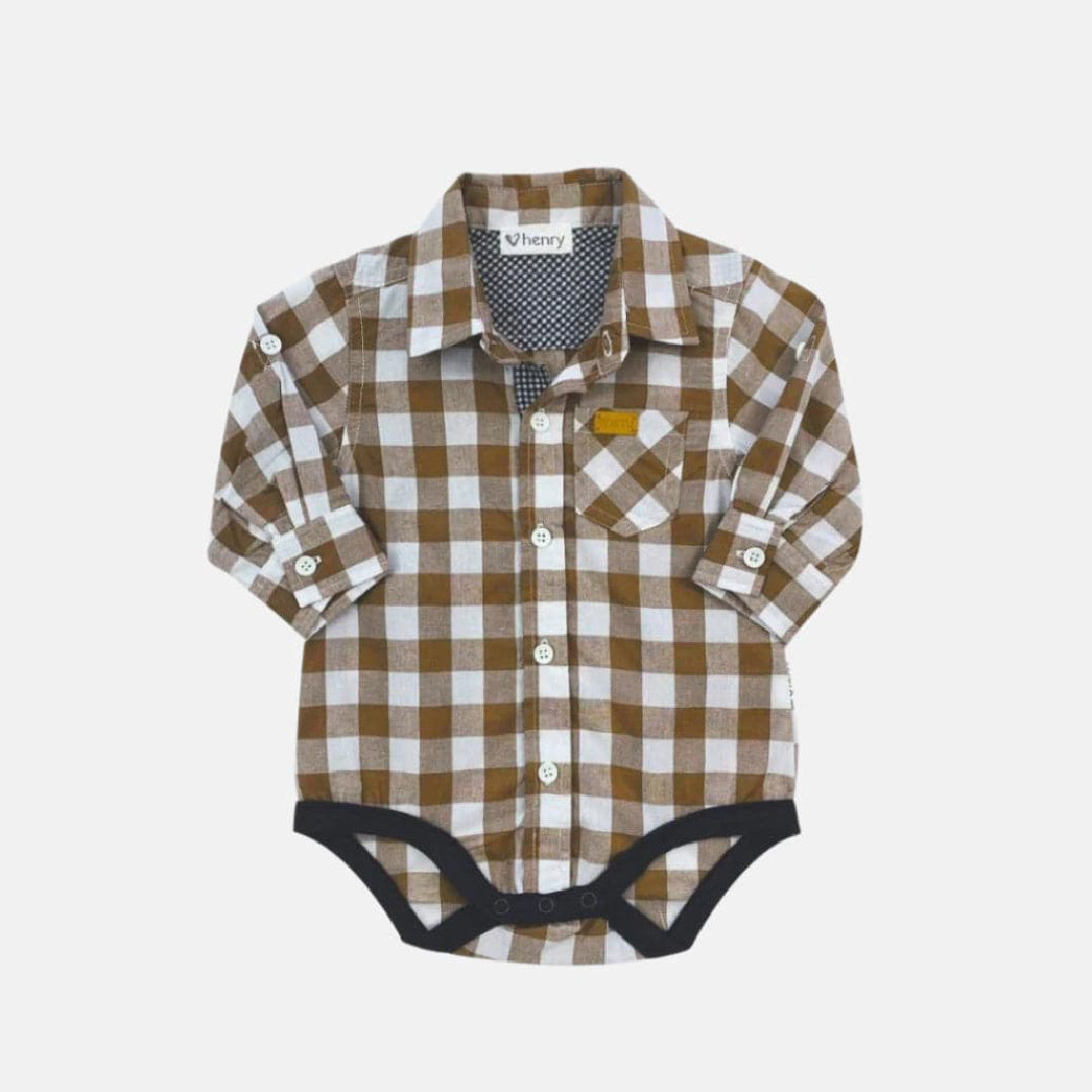 LOVE HENRY BABY BOYS DRESS SHIRT ROMPER LARGE BRONZE CHECK