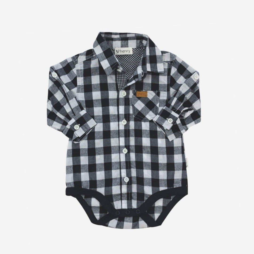 LOVE HENRY BABY BOYS DRESS SHIRT ROMPER - LARGE NAVY CHECK