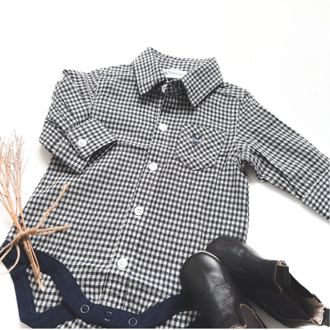 LOVE HENRY BABY BOYS DRESS SHIRT ROMPER - NAVY GINGHAM