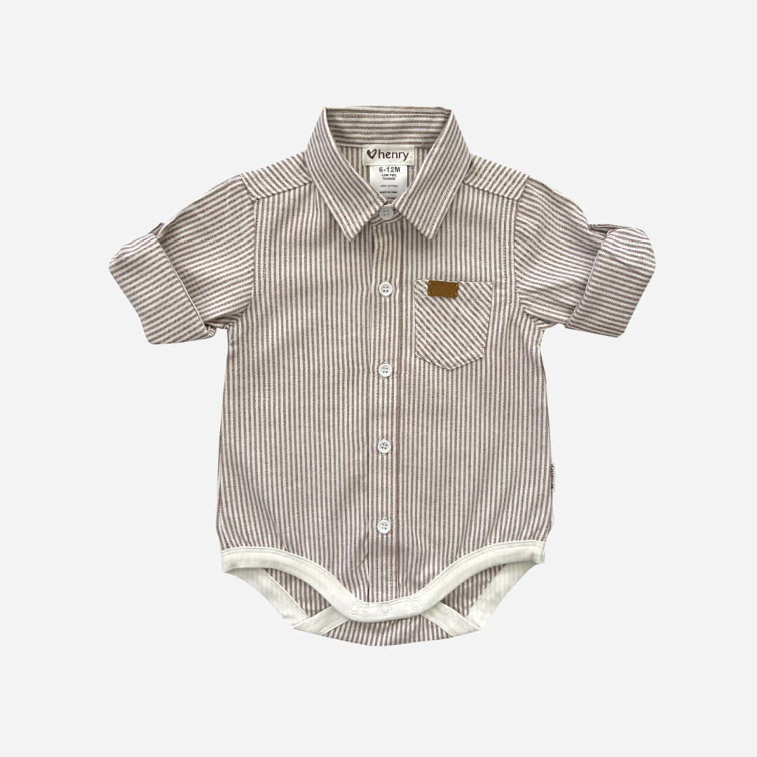 LOVE HENRY BABY BOYS DRESS SHIRT ROMPER - BEIGE PINSTRIPE