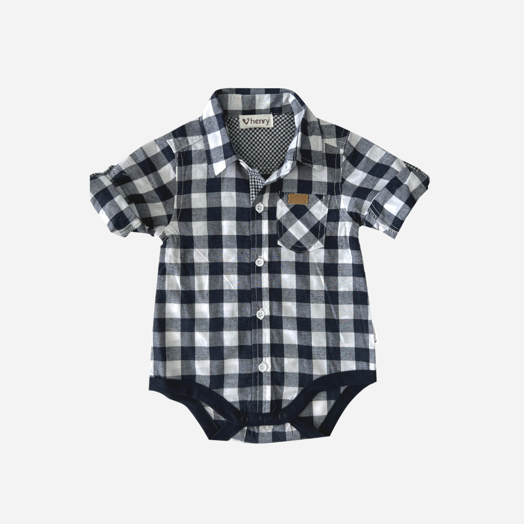 LOVE HENRY BABY BOYS DRESS SHIRT ROMPER - LARGE NAVY CHECK