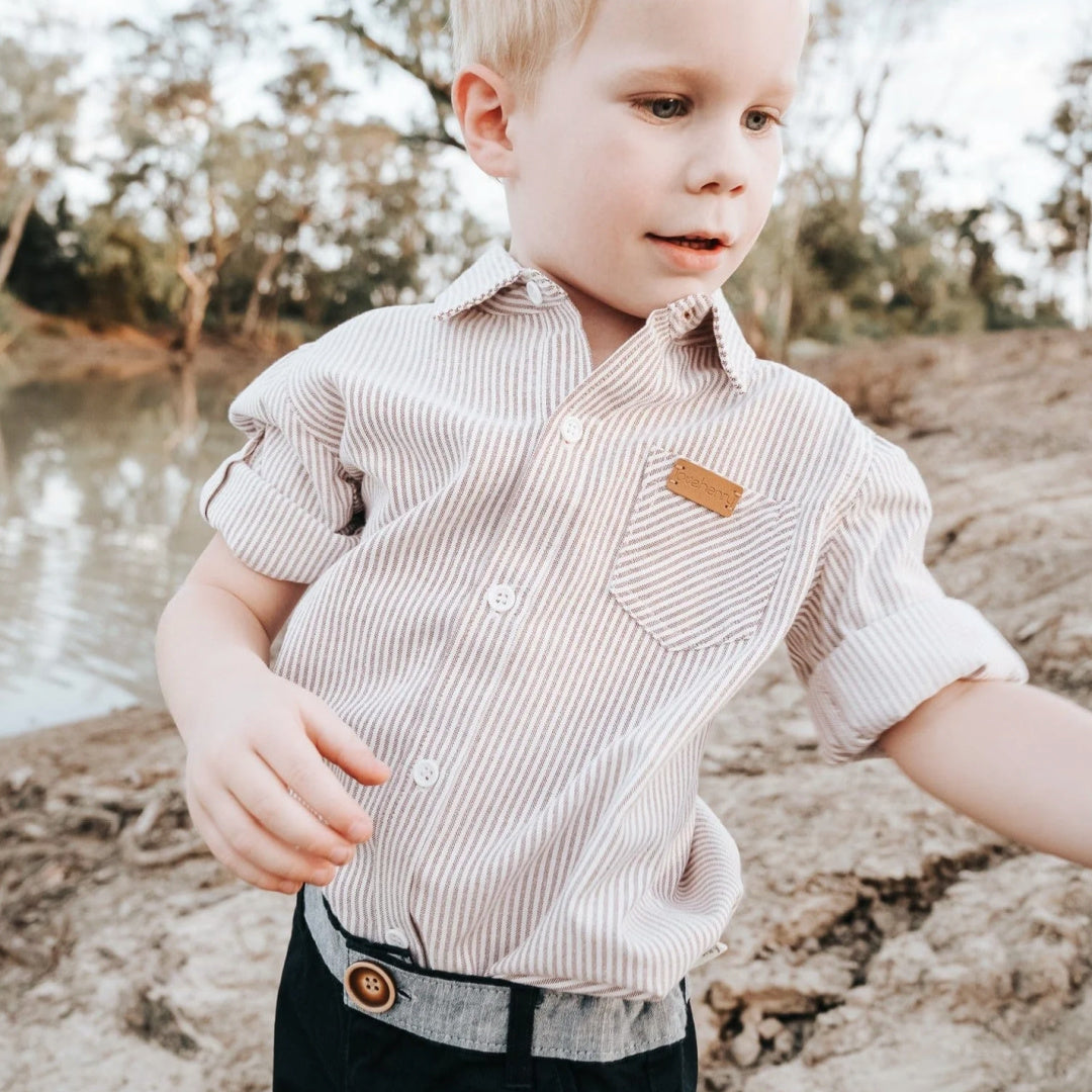 LOVE HENRY BOYS DRESS SHIRT - BEIGE PINSTRIPE