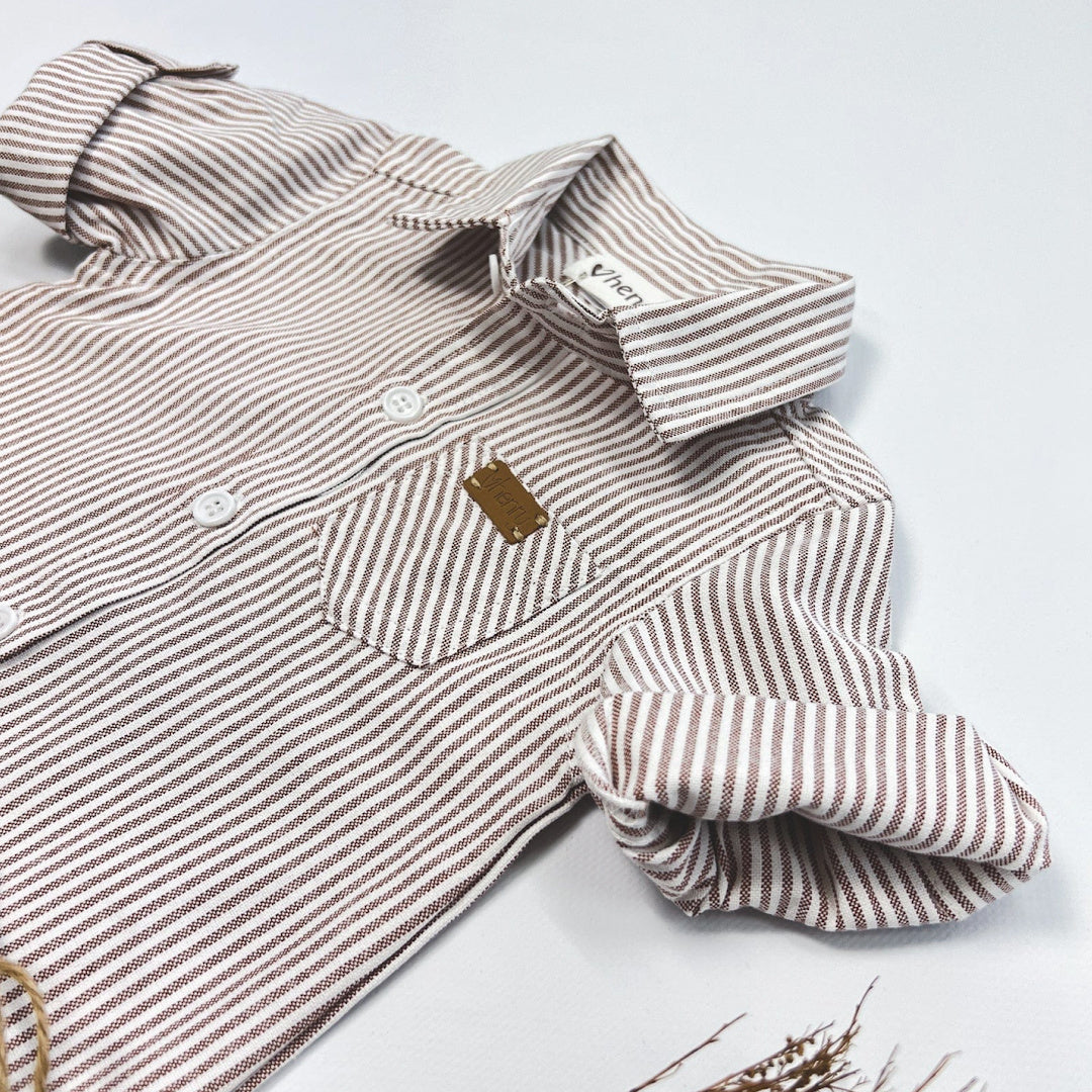 LOVE HENRY BABY BOYS DRESS SHIRT ROMPER - BEIGE PINSTRIPE