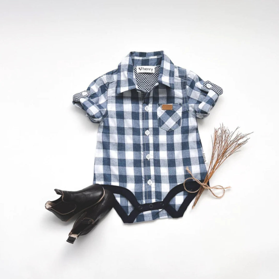 LOVE HENRY BABY BOYS DRESS SHIRT ROMPER - LARGE BLUE CHECK