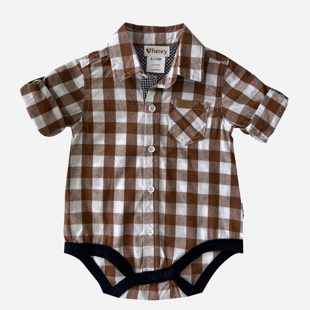 LOVE HENRY BABY BOYS DRESS SHIRT ROMPER - LARGE BRONZE CHECK