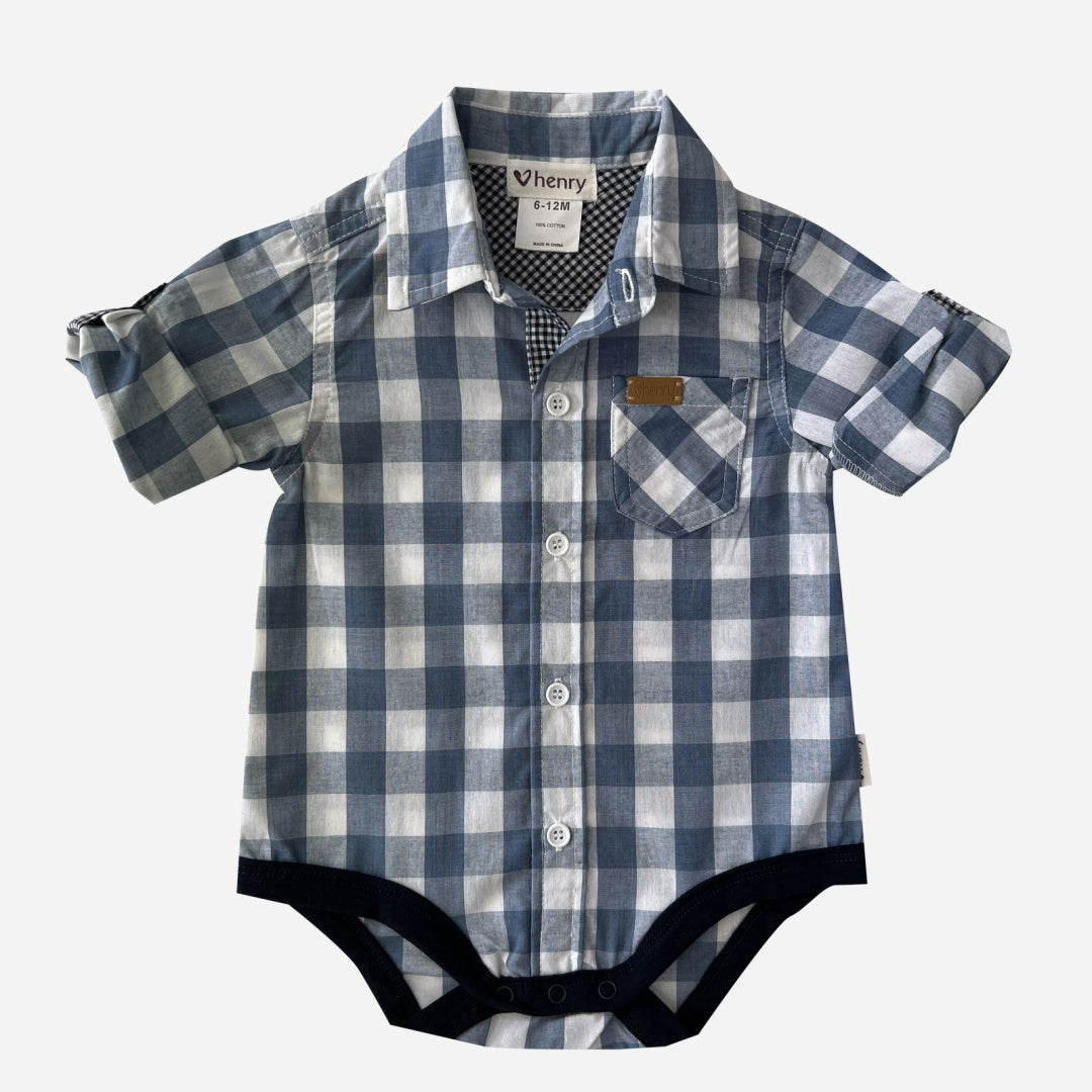 LOVE HENRY BABY BOYS DRESS SHIRT ROMPER - LARGE BLUE CHECK