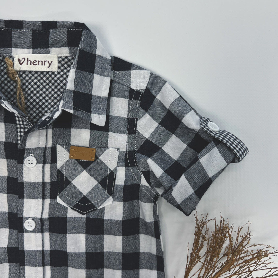 LOVE HENRY BABY BOYS DRESS SHIRT ROMPER - LARGE NAVY CHECK