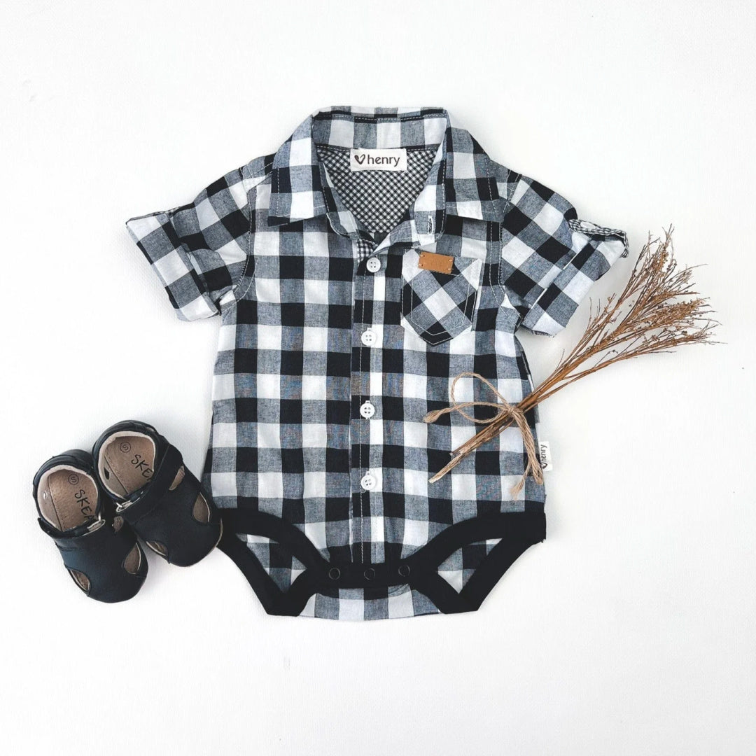 LOVE HENRY BABY BOYS DRESS SHIRT ROMPER - LARGE NAVY CHECK