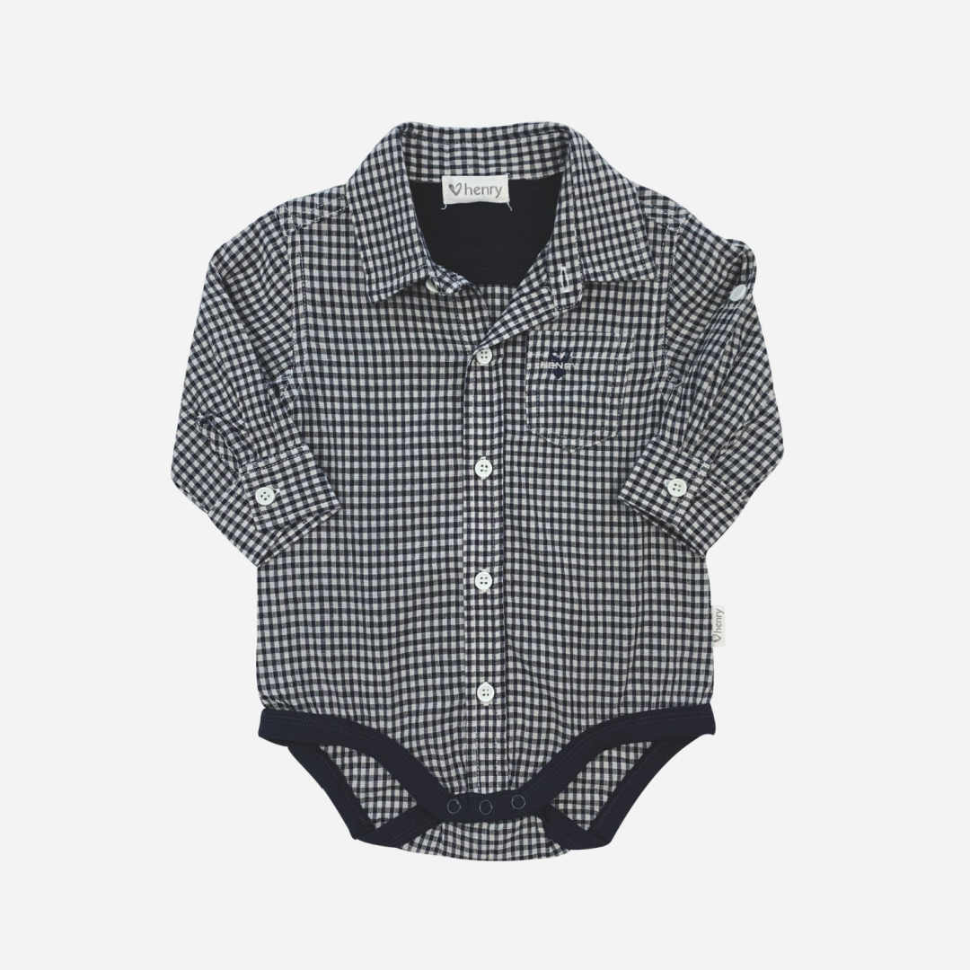 LOVE HENRY BABY BOYS DRESS SHIRT ROMPER - NAVY GINGHAM
