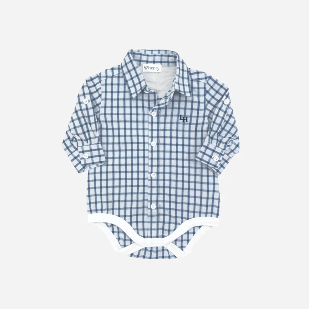 LOVE HENRY BABY BOYS OXFORD SHIRT ROMPER - BLUE CHECK