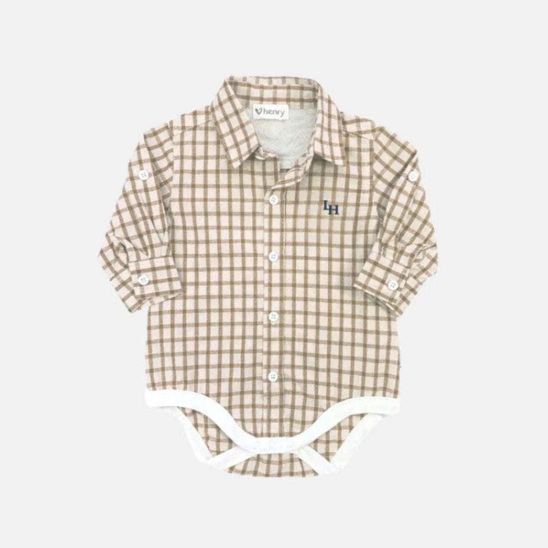 LOVE HENRY BABY BOYS OXFORD SHIRT ROMPER - TAN CHECK