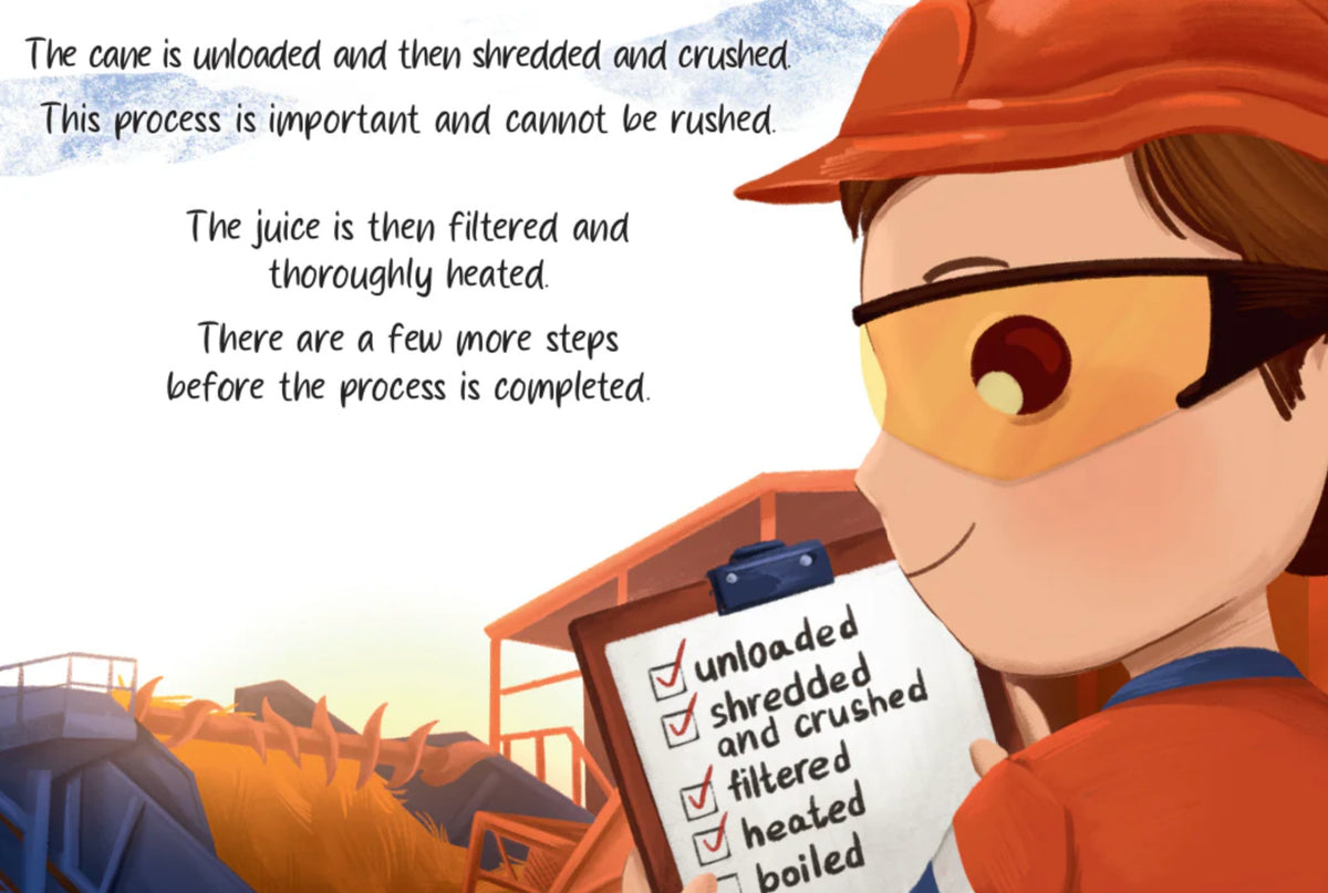 Illustration of a person in a cane processing plant with text and checklist.