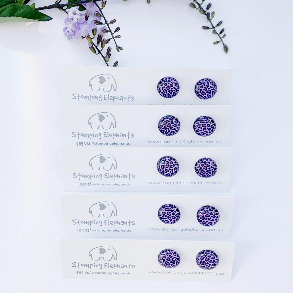 STOMPING ELEPHANTS PURPLE LEOPARD EARRINGS (MEDIUM)