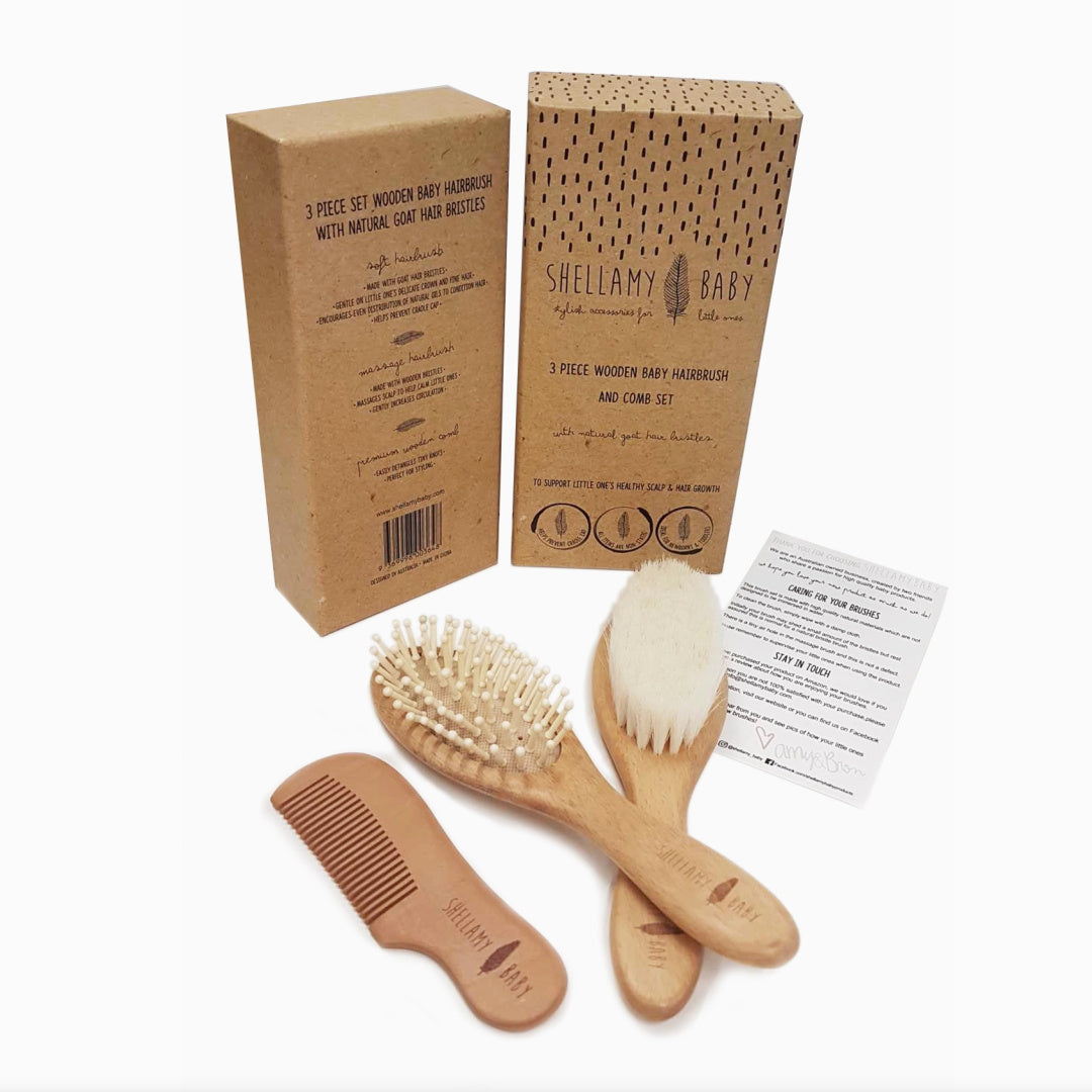 SHELLAMY BABY 3 PCE WOODEN BABY HAIRBRUSH AND COMB SET (BOXED)
