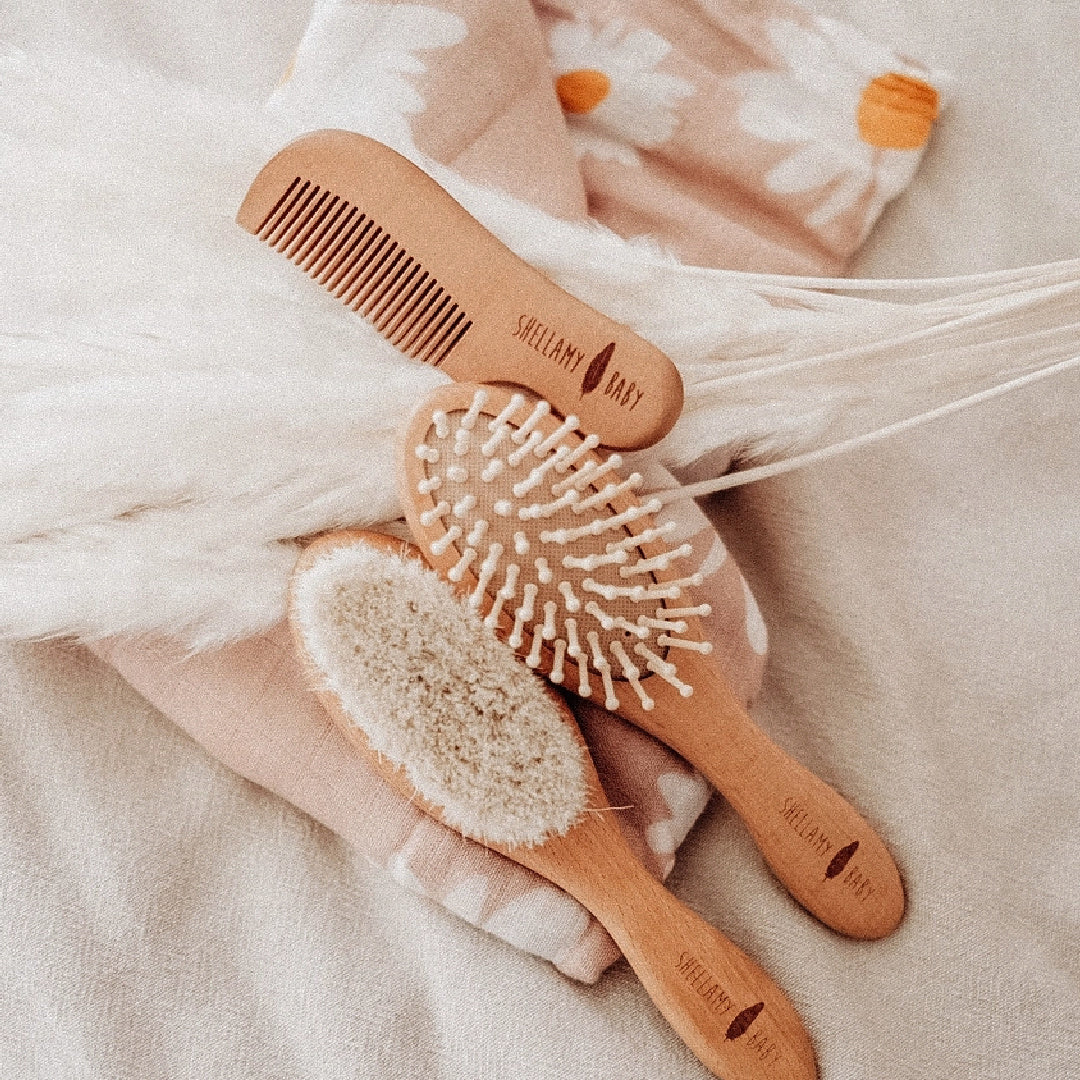SHELLAMY BABY 3 PCE WOODEN BABY HAIRBRUSH AND COMB SET (BOXED)