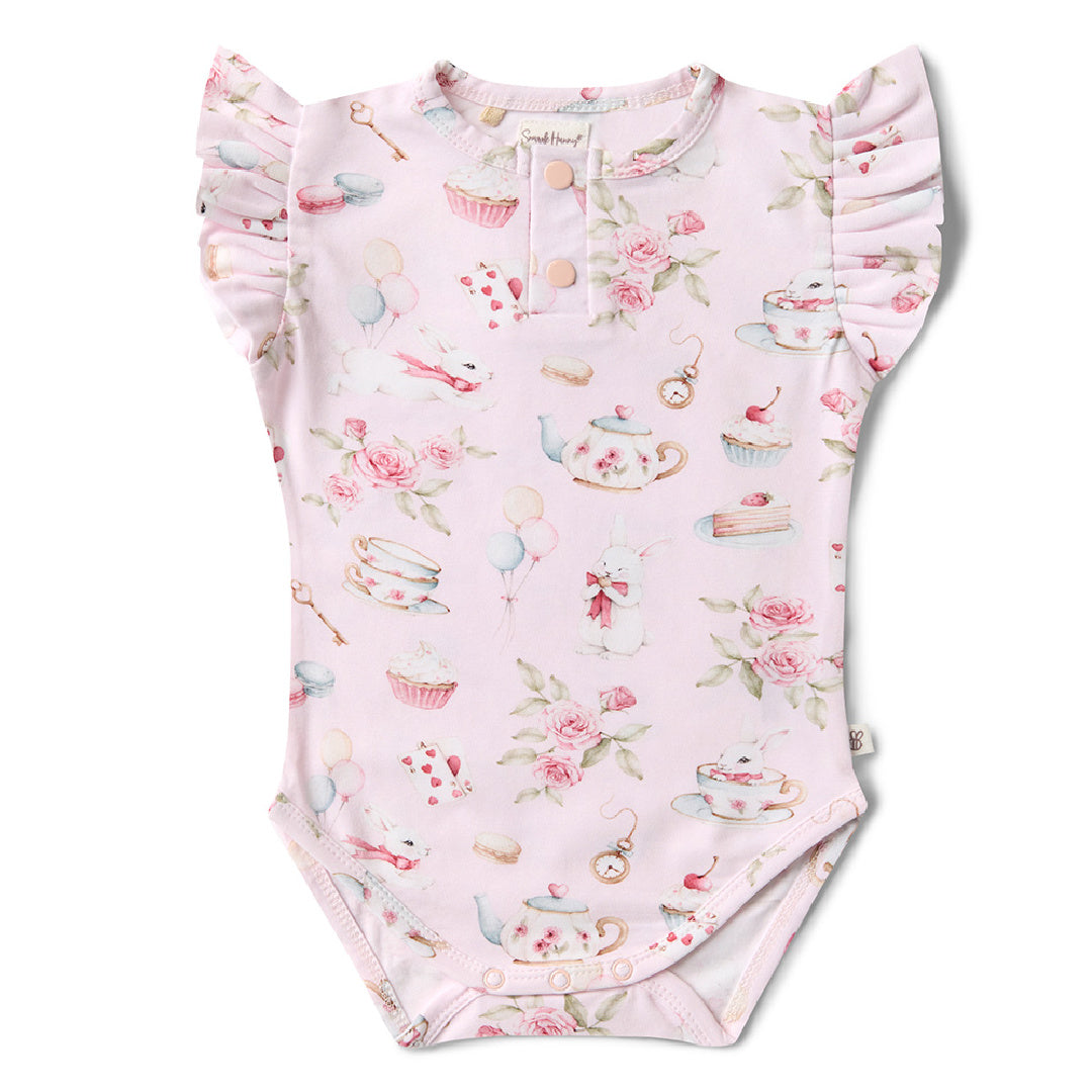 SNUGGLE HUNNY ORGANIC SHORT SLEEVE BODYSUIT WITH FRILL - ALICE&#39;S TEA PARTY