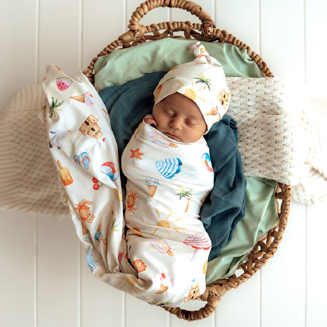 SNUGGLE HUNNY ORGANIC JERSEY WRAP AND BEANIE SET - BEACH FUN