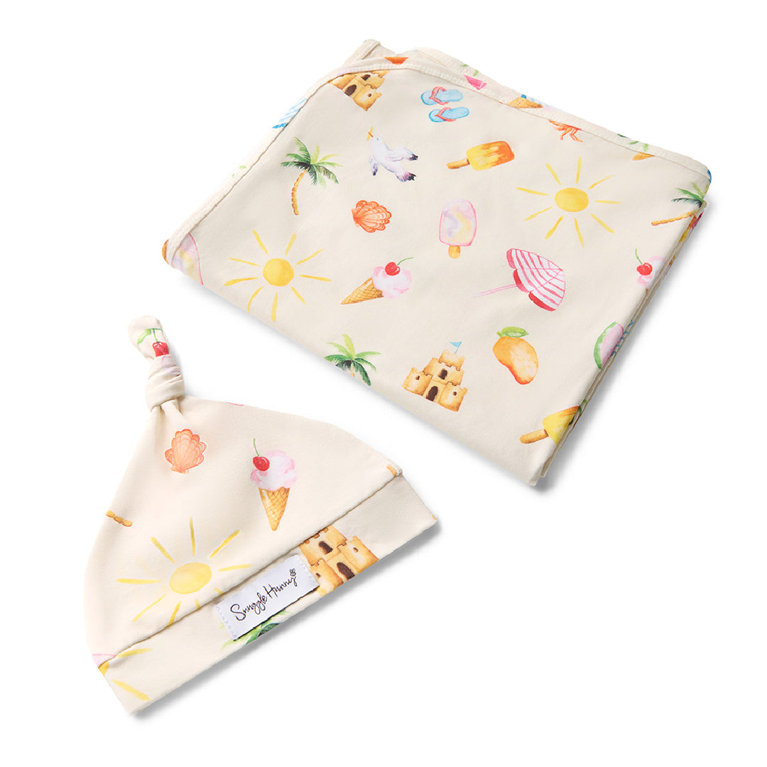 SNUGGLE HUNNY ORGANIC JERSEY WRAP AND BEANIE SET - BEACH FUN