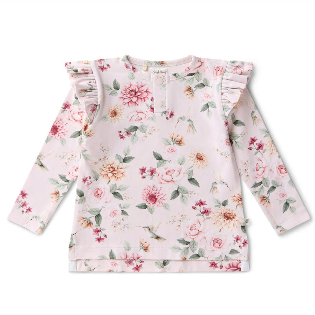 SNUGGLE HUNNY LONG SLEEVE ORGANIC TOP WITH FRILL - BIRDS &amp; BLOOMS