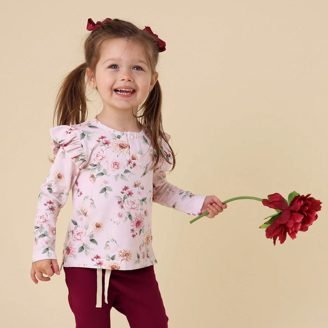 SNUGGLE HUNNY LONG SLEEVE ORGANIC TOP WITH FRILL - BIRDS &amp; BLOOMS