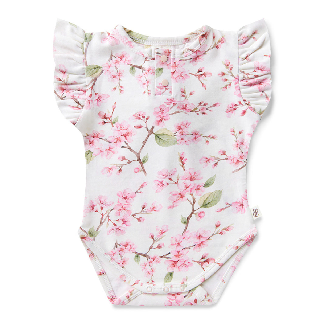 SNUGGLE HUNNY ORGANIC SHORT SLEEVE BODYSUIT WITH FRILL - CHERRY BLOSSOM