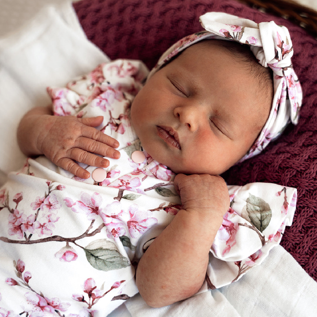 SNUGGLE HUNNY ORGANIC SHORT SLEEVE BODYSUIT WITH FRILL - CHERRY BLOSSOM