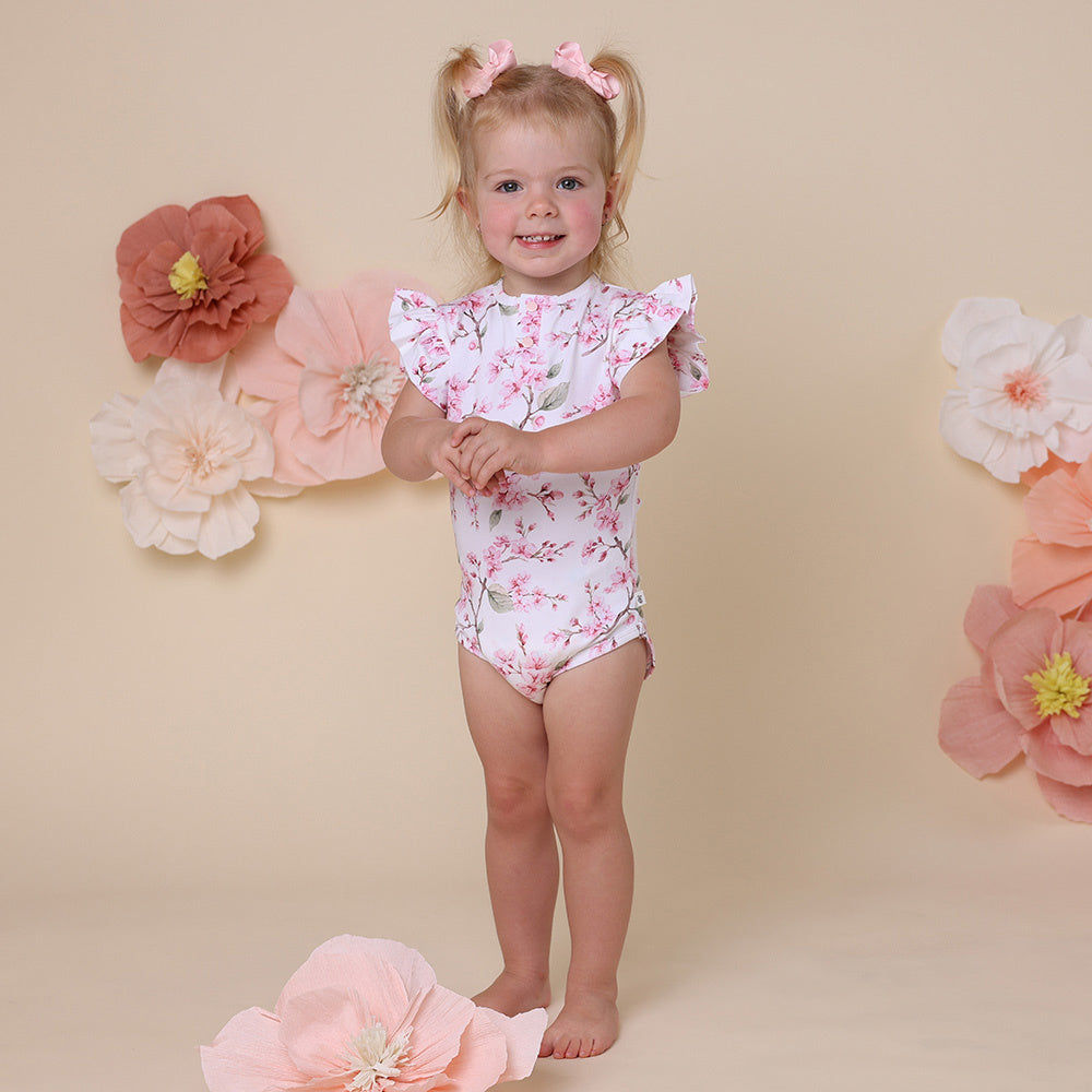 SNUGGLE HUNNY ORGANIC SHORT SLEEVE BODYSUIT WITH FRILL - CHERRY BLOSSOM