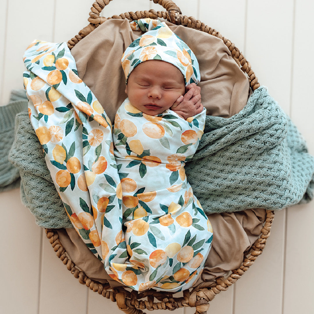 SNUGGLE HUNNY ORGANIC JERSEY WRAP AND BEANIE SET - CITRUS SQUEEZE