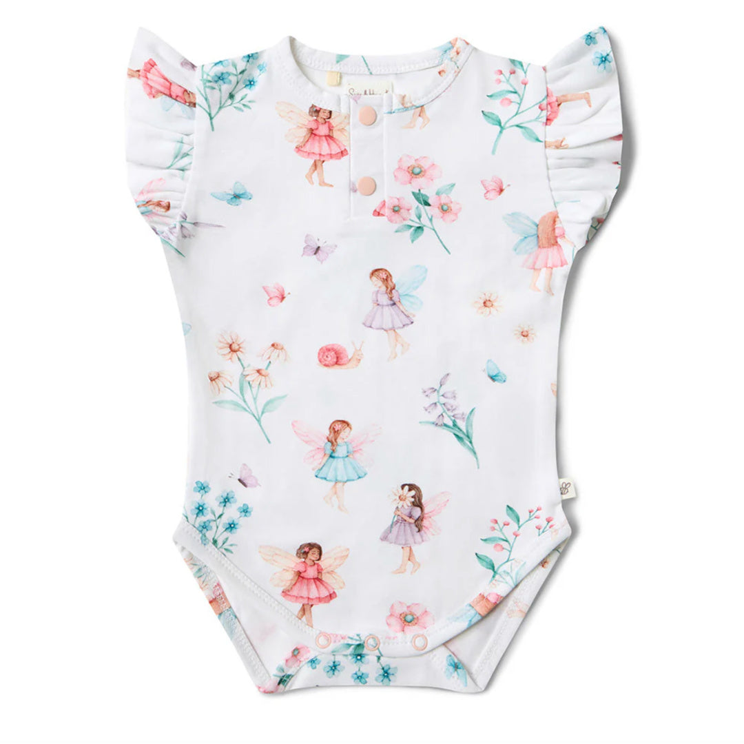 SNUGGLE HUNNY ORGANIC SHORT SLEEVE BODYSUIT WITH FRILL - FAIRY GARDEN