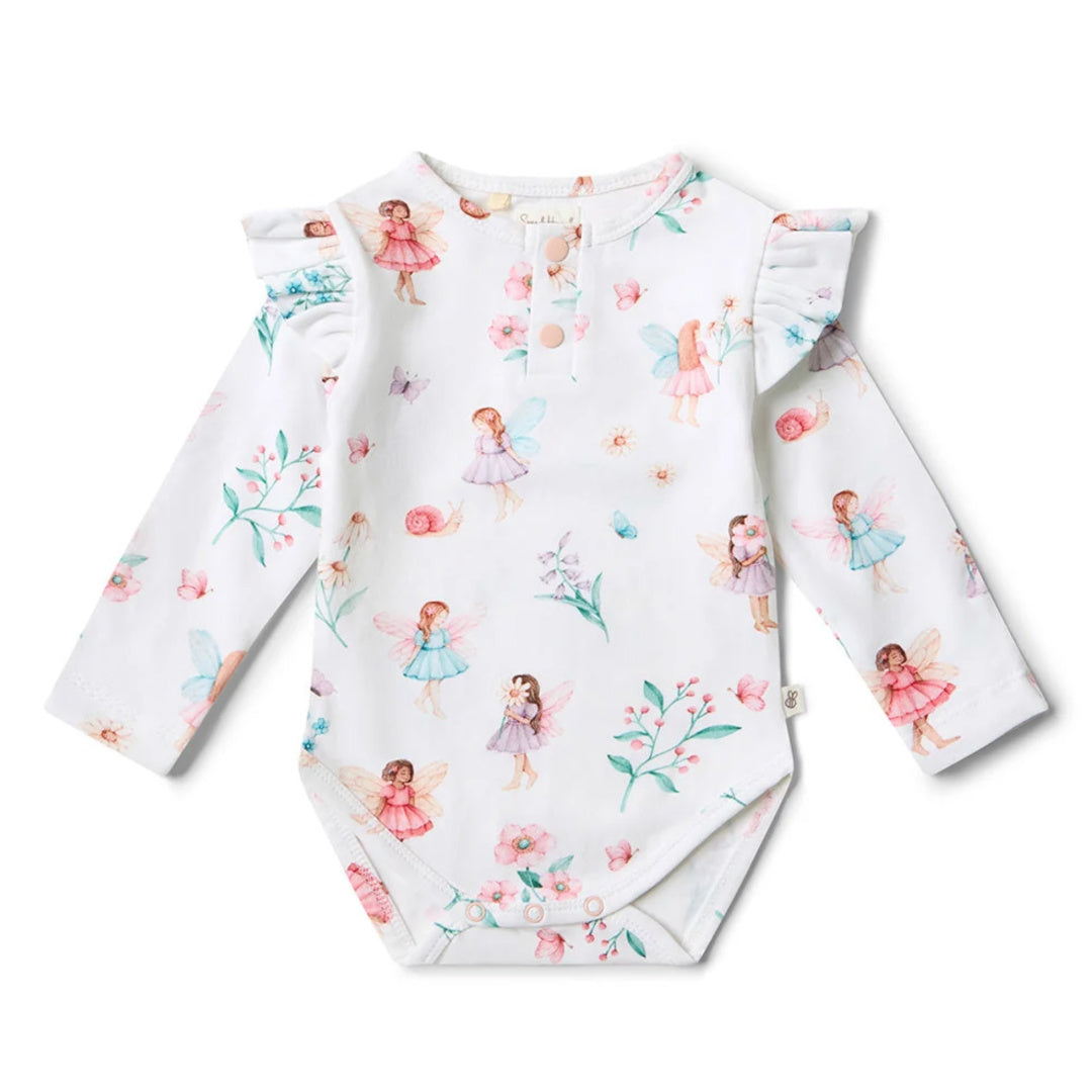 SNUGGLE HUNNY ORGANIC LONG SLEEVE BODYSUIT WITH FRILL - FAIRY GARDEN