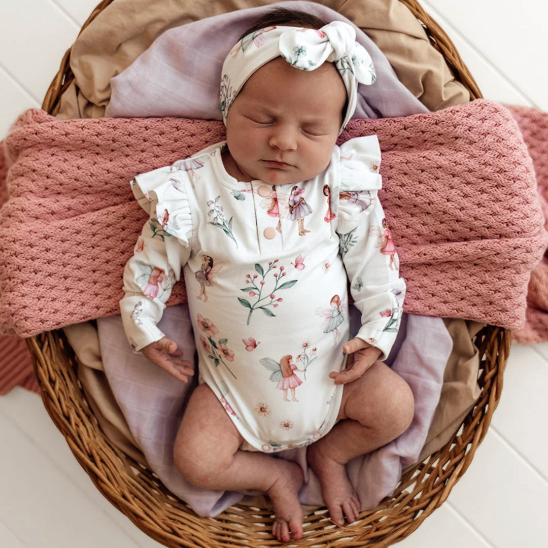 SNUGGLE HUNNY ORGANIC LONG SLEEVE BODYSUIT WITH FRILL - FAIRY GARDEN