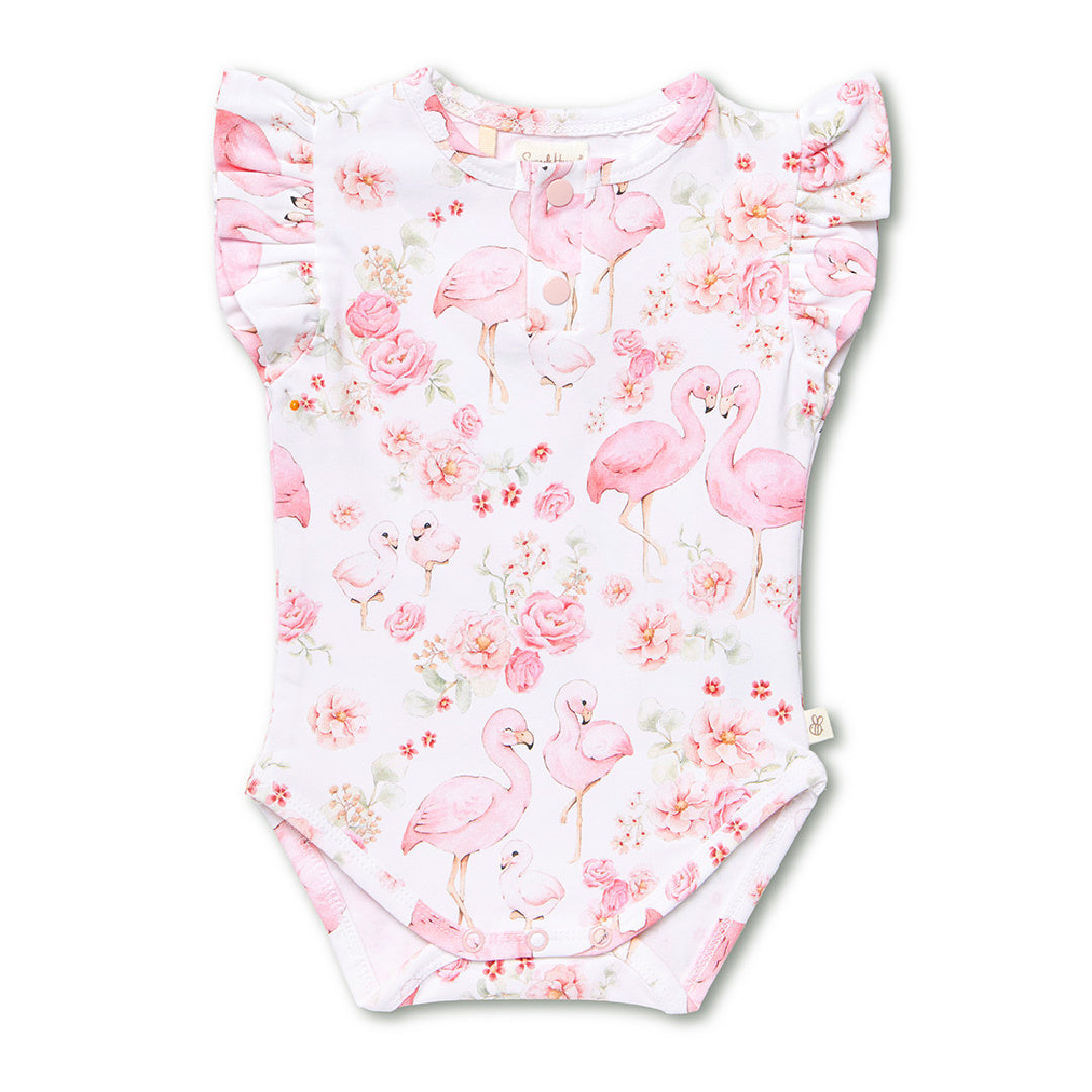 SNUGGLE HUNNY ORGANIC SHORT SLEEVE BODYSUIT WITH FRILL - FLAMINGOS
