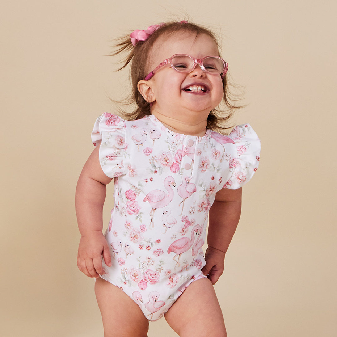 SNUGGLE HUNNY ORGANIC SHORT SLEEVE BODYSUIT WITH FRILL - FLAMINGOS