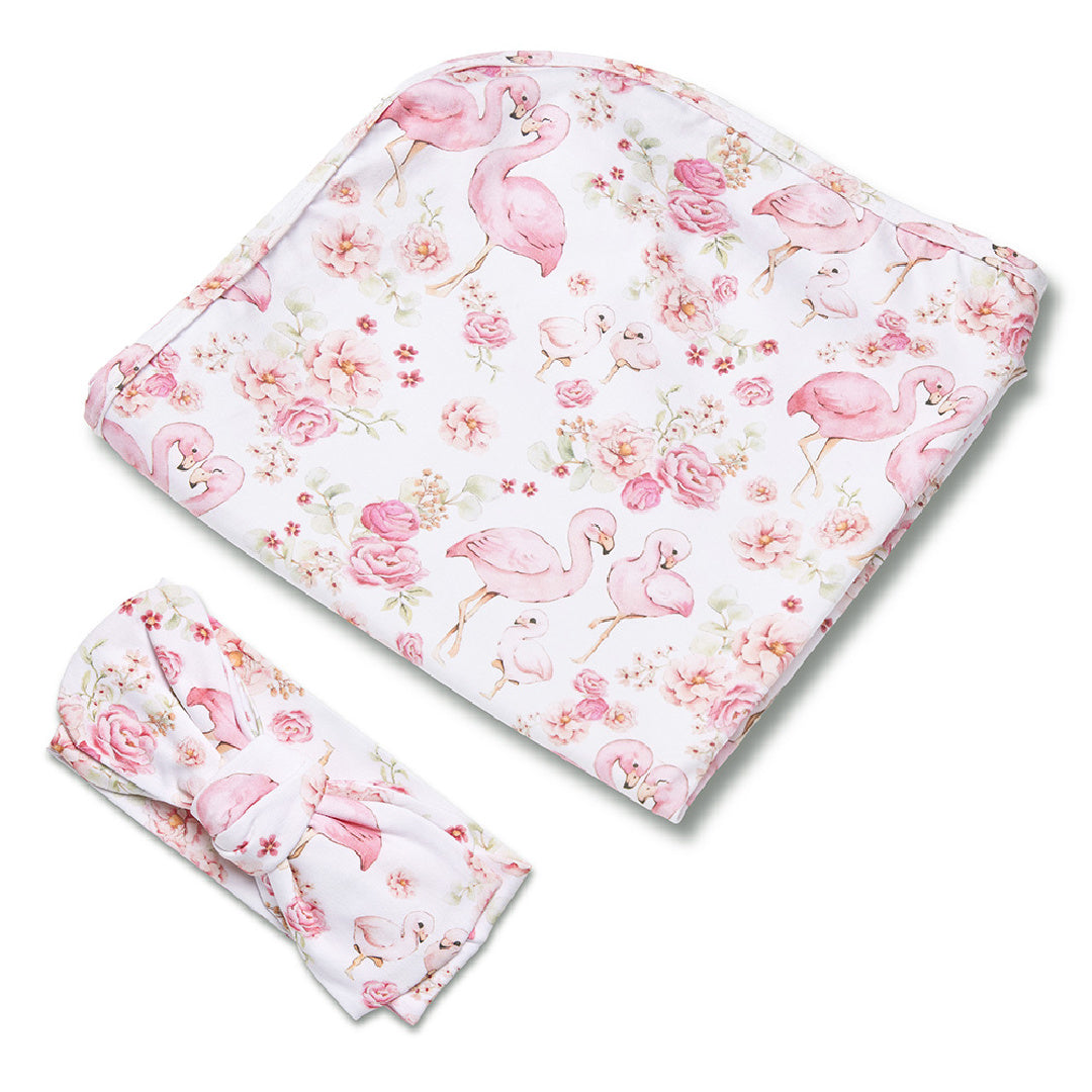 SNUGGLE HUNNY ORGANIC JERSEY WRAP AND TOPKNOT SET - FLAMINGOS