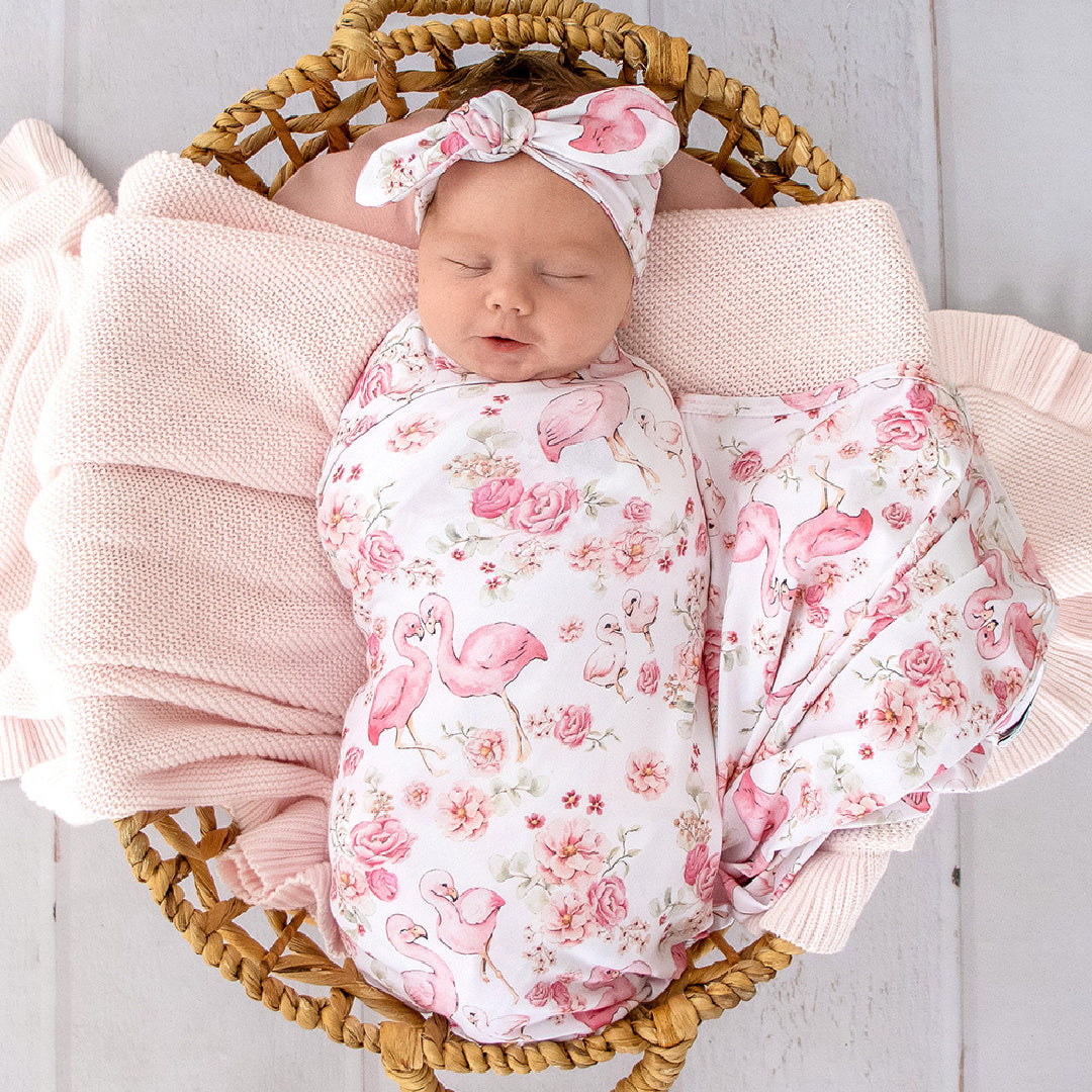 SNUGGLE HUNNY ORGANIC JERSEY WRAP AND TOPKNOT SET - FLAMINGOS