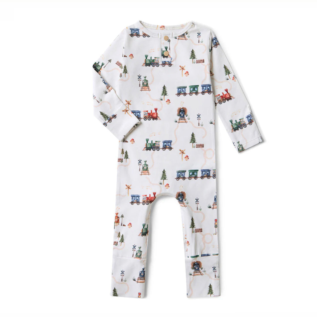 SNUGGLE HUNNY ORGANIC GROWSUIT - TRAINS