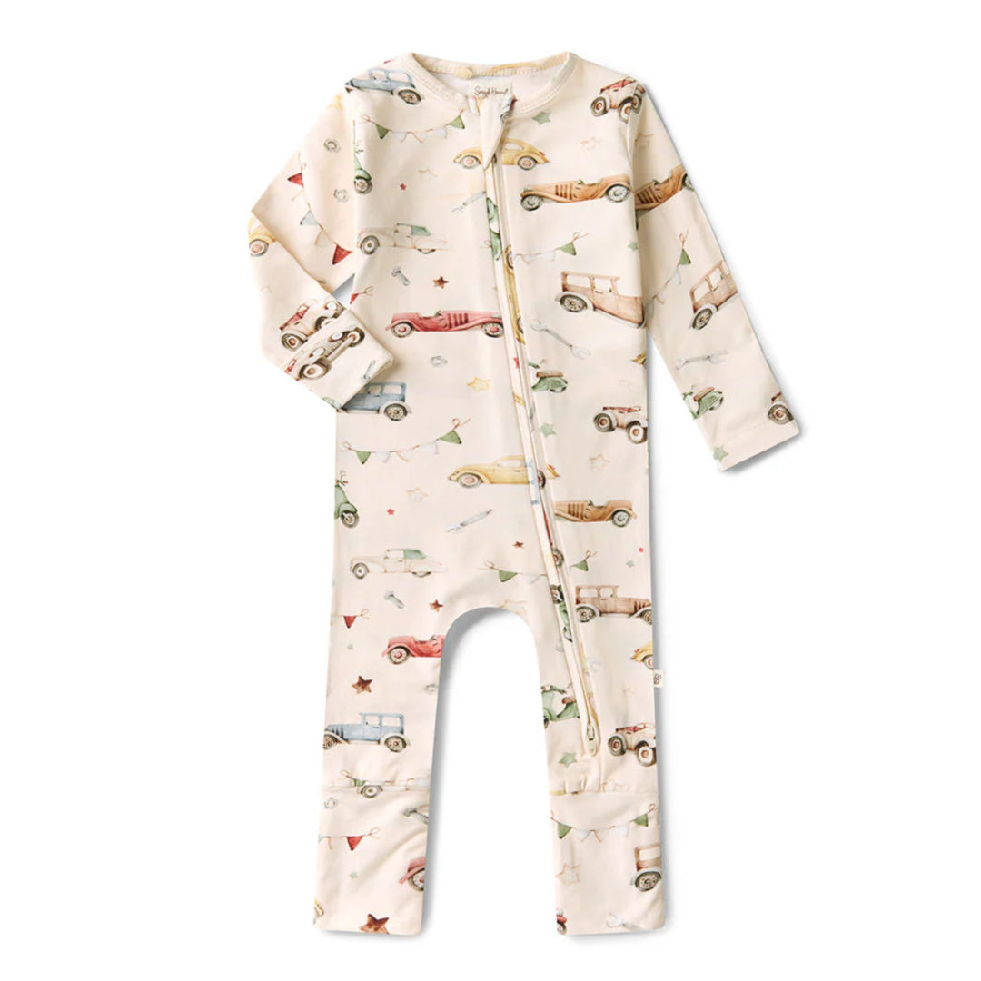 SNUGGLE HUNNY ORGANIC SNUGGLESUIT CONVERTIBLE ZIP ROMPER - VINTAGE CARS