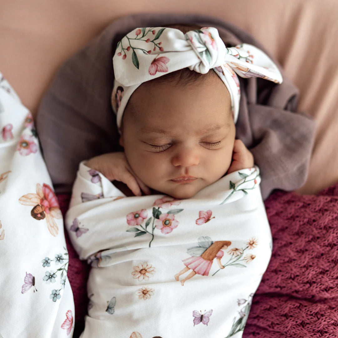 SNUGGLE HUNNY ORGANIC JERSEY WRAP AND TOPKNOT SET - FAIRY GARDEN