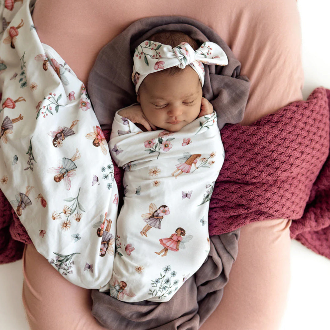 SNUGGLE HUNNY ORGANIC JERSEY WRAP AND TOPKNOT SET - FAIRY GARDEN
