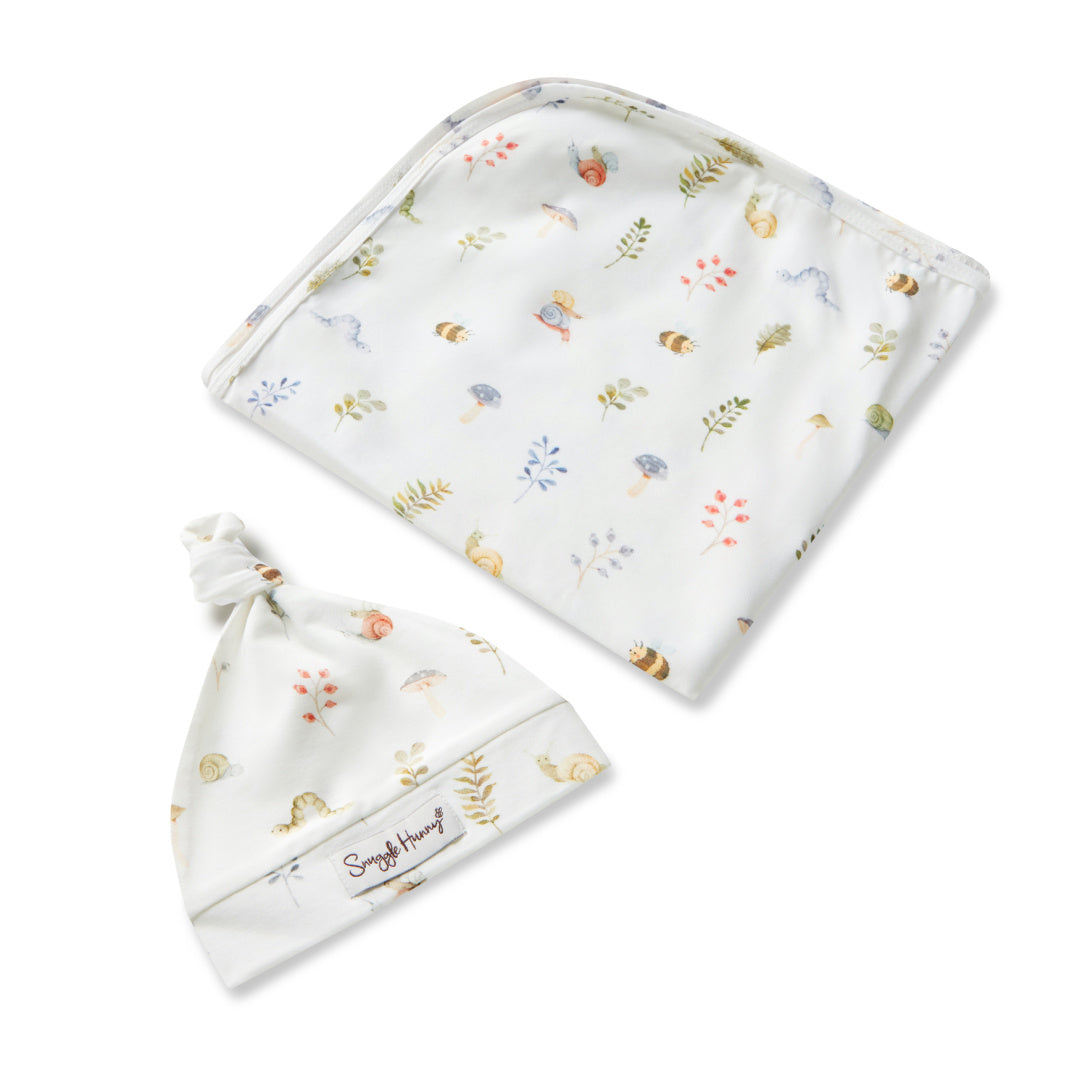 SNUGGLE HUNNY ORGANIC JERSEY WRAP AND BEANIE SET - GARDEN FRIENDS