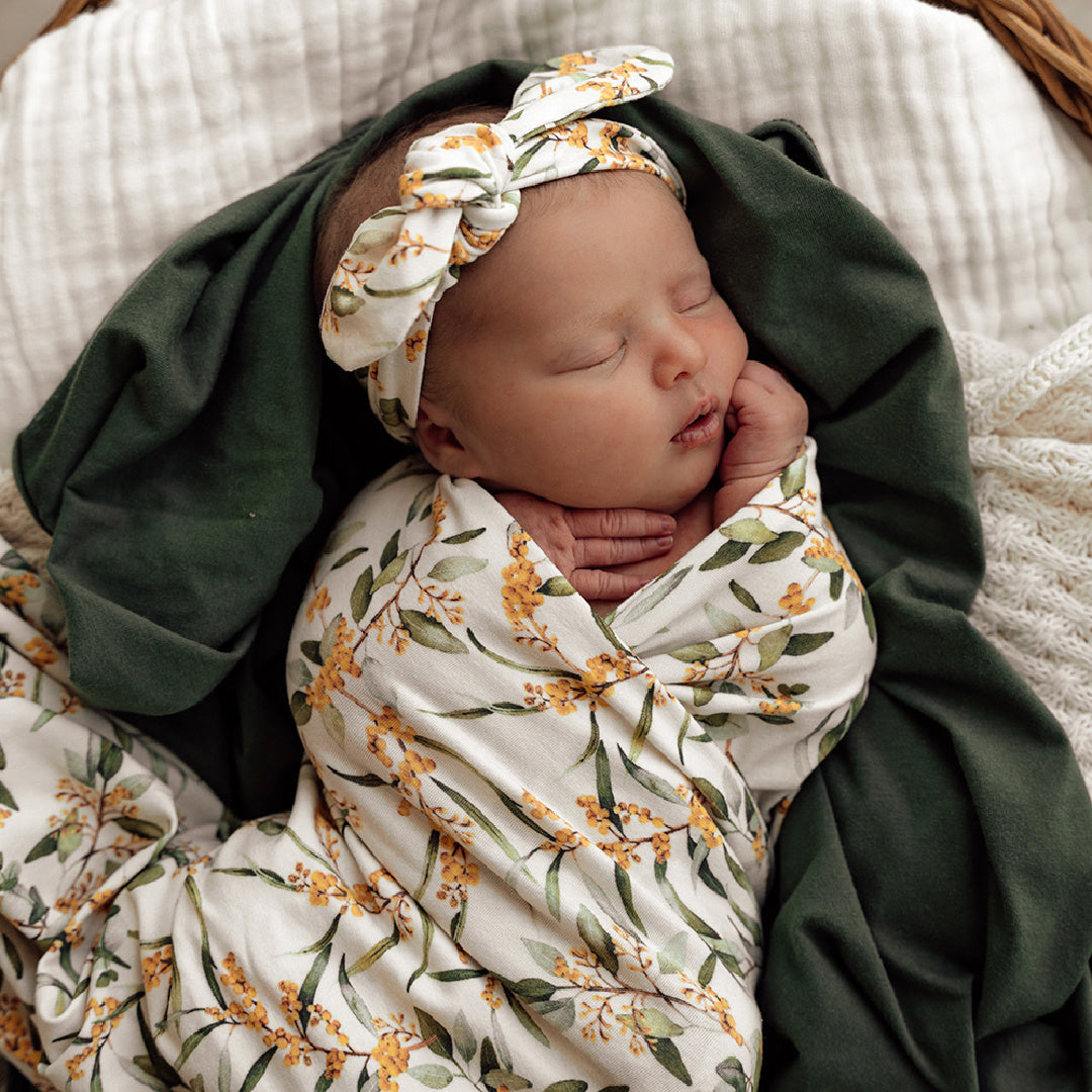 SNUGGLE HUNNY ORGANIC JERSEY WRAP AND TOPKNOT SET - GOLDEN WATTLE