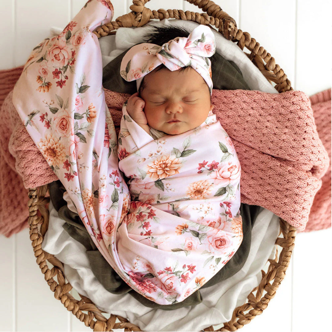 SNUGGLE HUNNY ORGANIC JERSEY WRAP AND TOPKNOT SET - BIRDS &amp; BLOOMS