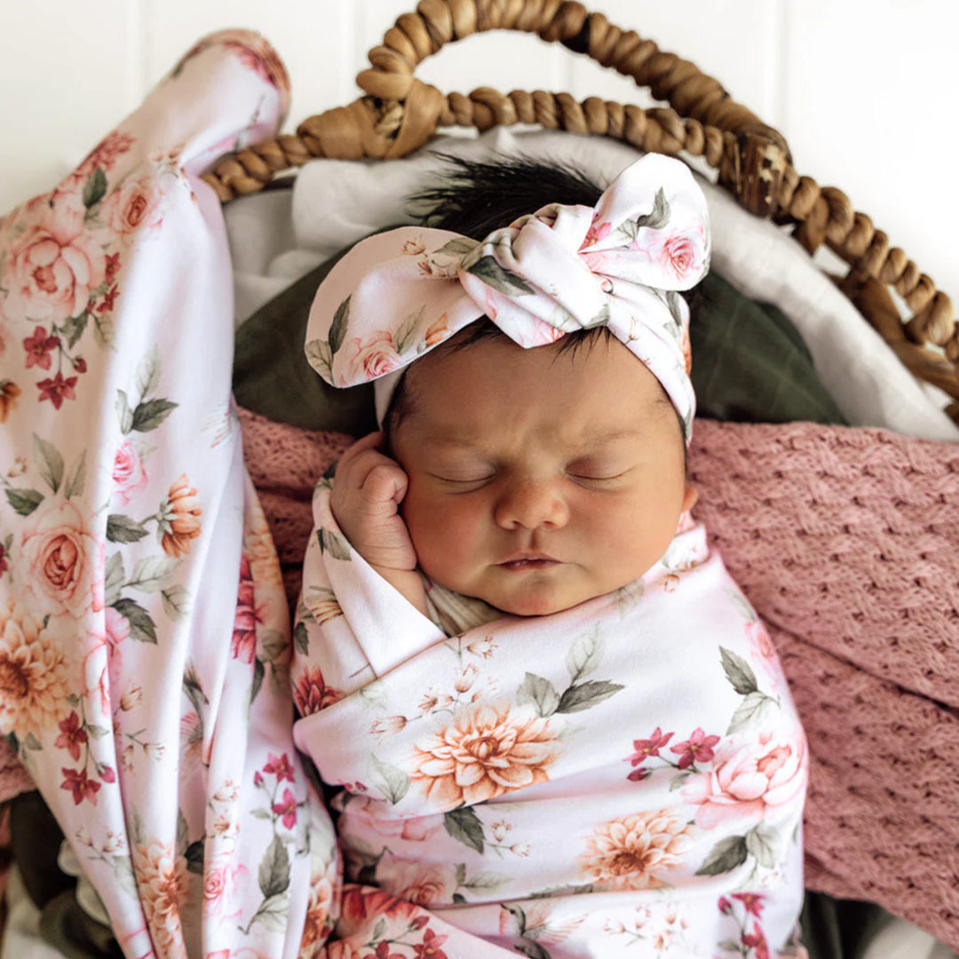 SNUGGLE HUNNY ORGANIC JERSEY WRAP AND TOPKNOT SET - BIRDS &amp; BLOOMS