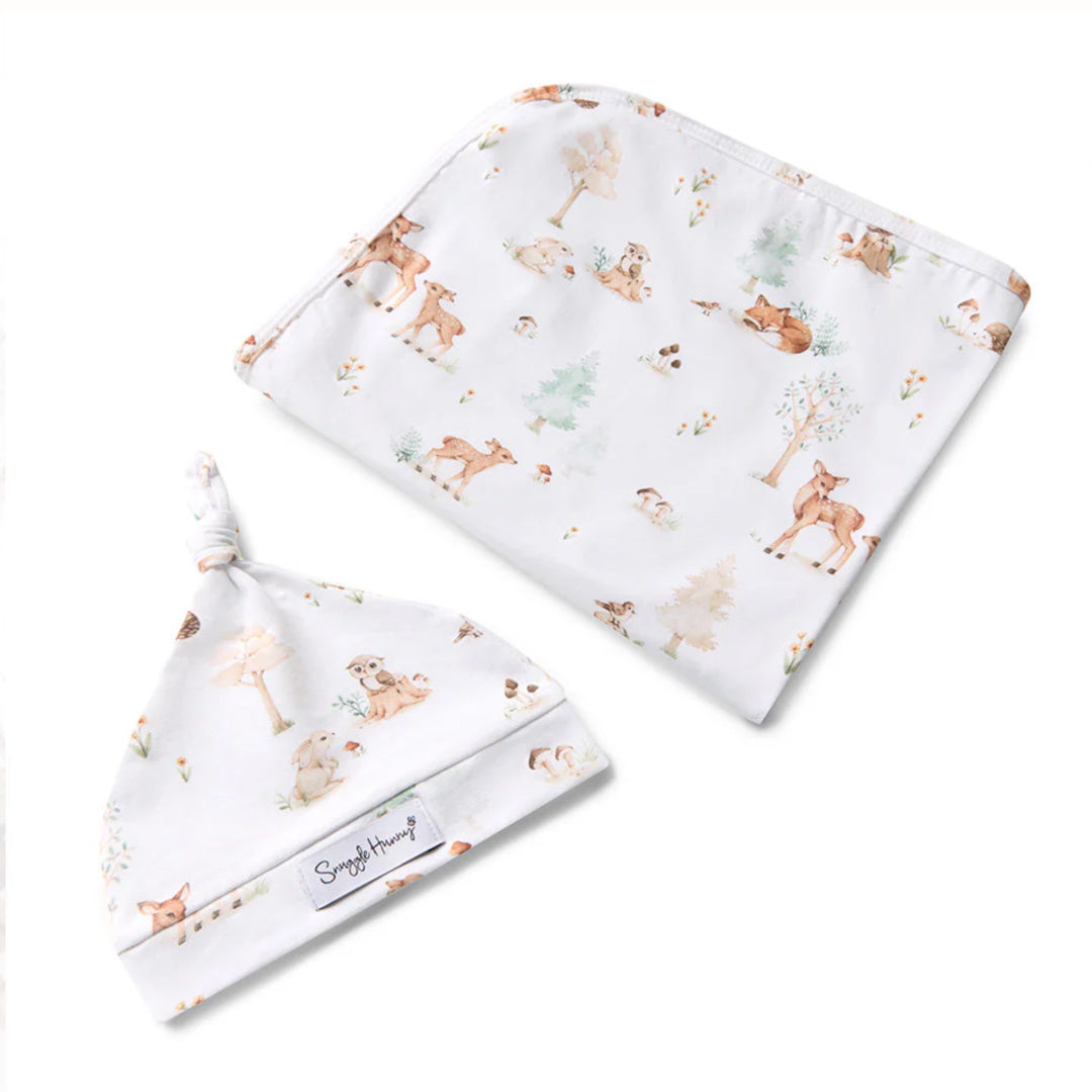 SNUGGLE HUNNY ORGANIC JERSEY WRAP AND BEANIE SET - WOODLAND TALES